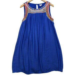 Westport Women's Boho Revival Aztec Embroidered Trim Dress Sz L Blue Stretch